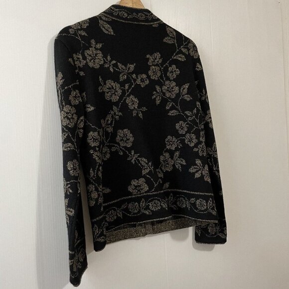 VTG Talbots Size S Black Gold Floral 100% Merino Wool Cardigan w/ Frog Closure - Picture 10 of 16